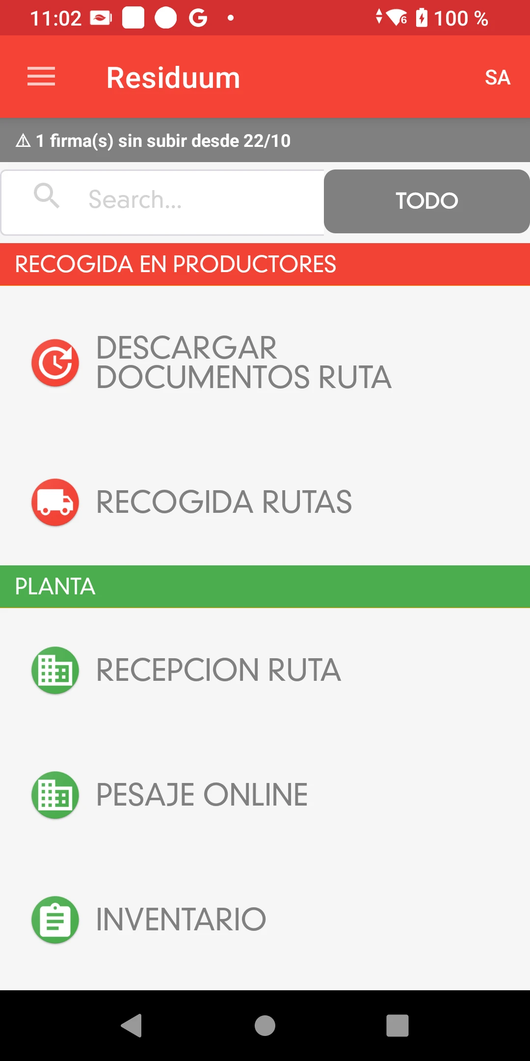 Menú de Residuum con recogida de rutas, recepción de ruta, pesaje online e inventario.