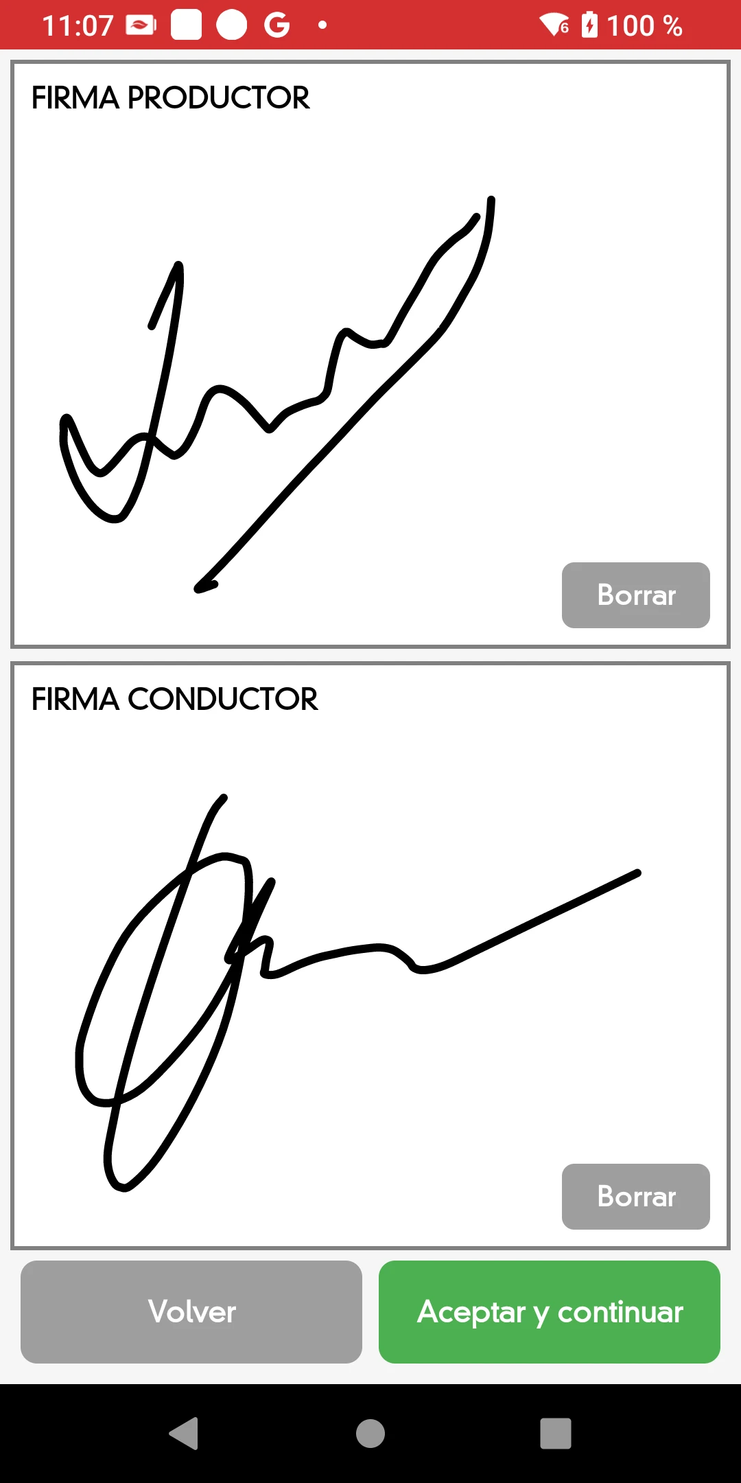Pantalla de la app con los campos de firma del productor y del conductor.