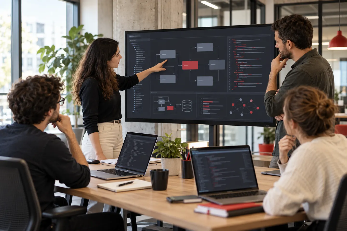 Imagen de contexto: reunión de un equipo de desarrollo de software con portátiles y una pantalla de arquitectura.