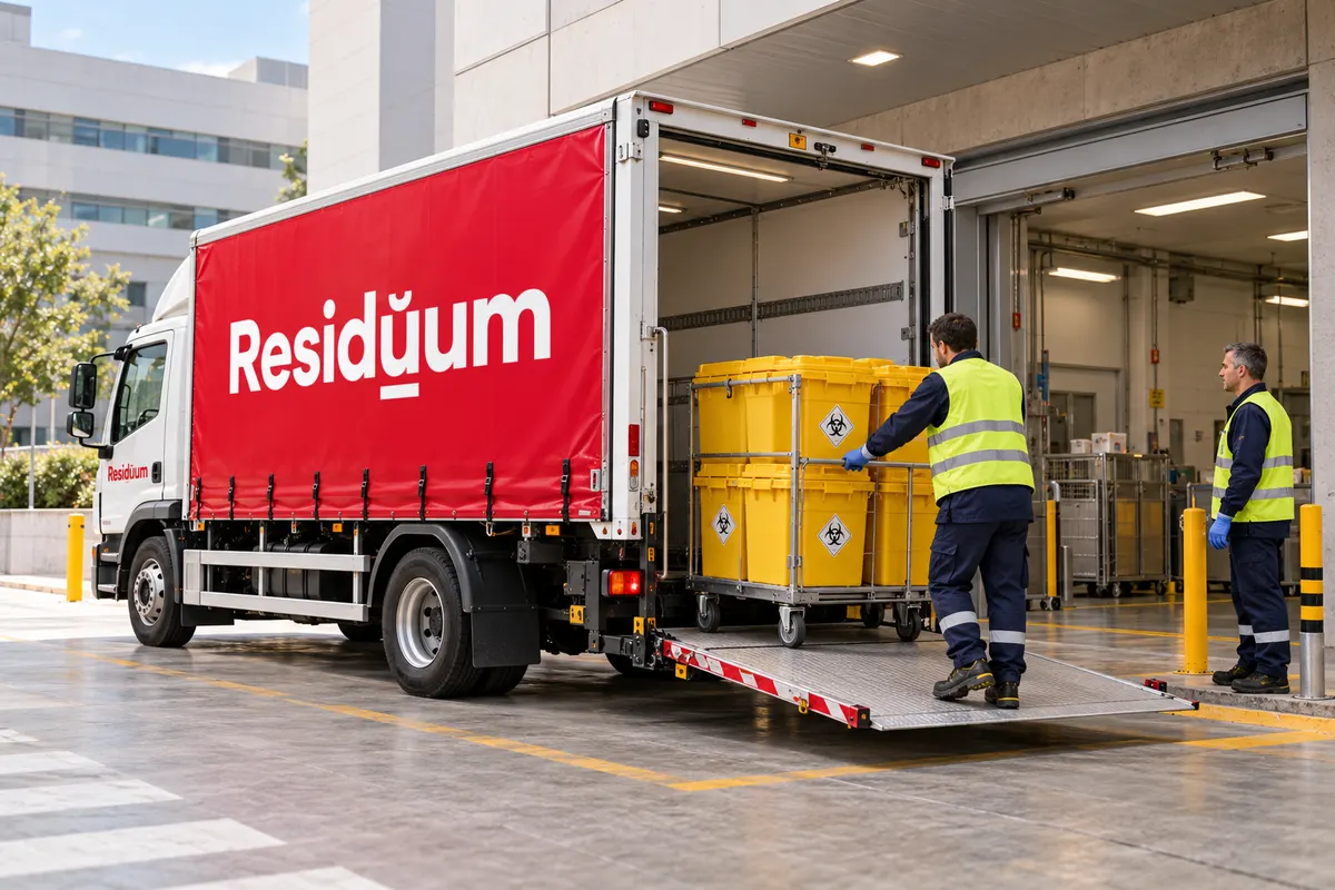 Imagen de contexto: camión con el logotipo de Residuum cargando contenedores sanitarios cerrados en un carro de transporte.