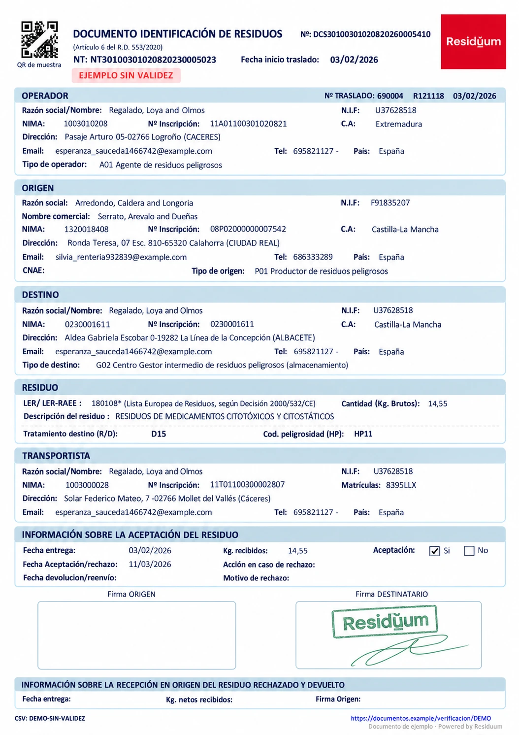 Documento de identificación de residuos con logo Residuum, sello y rúbrica de muestra verdes, CSV y URL de ejemplo; sin validez.