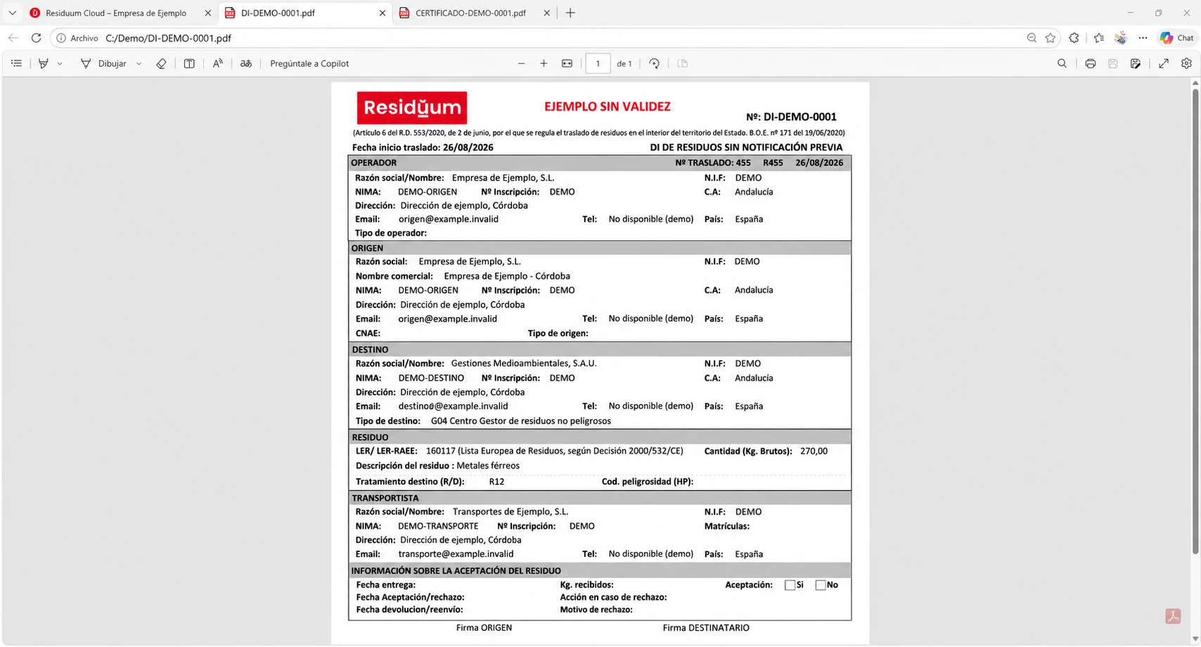 DI anonimizado con datos de ejemplo y marca visible Ejemplo sin validez.