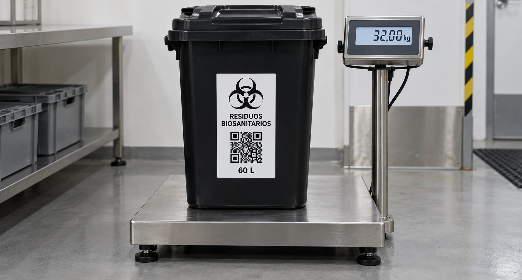 Contenedor negro de 60 litros con pictograma de biorriesgo y QR de muestra sobre una báscula que marca 32,00 kg.