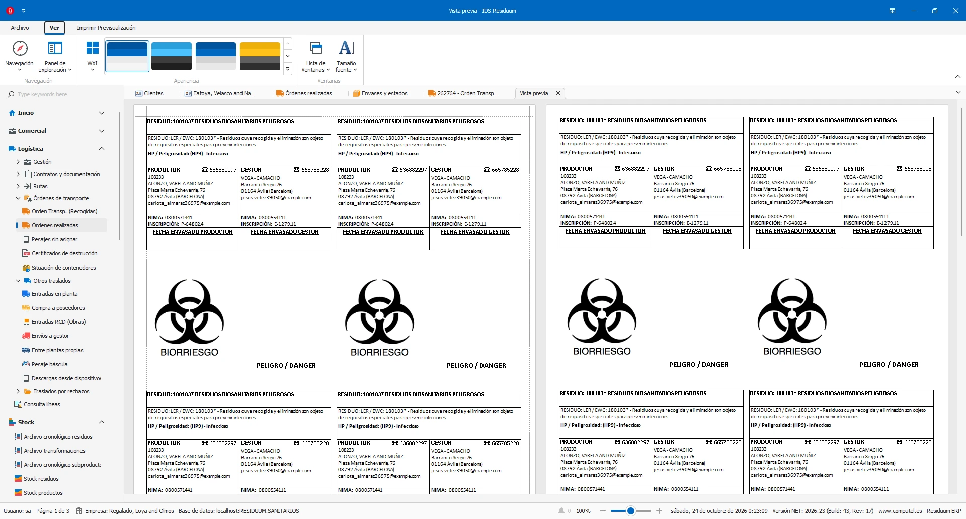 Vista previa en Residuum de etiquetas de residuos biosanitarios peligrosos con pictograma de biorriesgo y campos de productor y gestor.