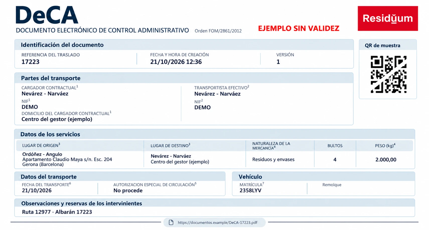 DeCA de ejemplo del traslado 17223, con datos coherentes con la hoja de ruta, logotipo Residuum, URL de ejemplo y QR desactivado; sin validez.